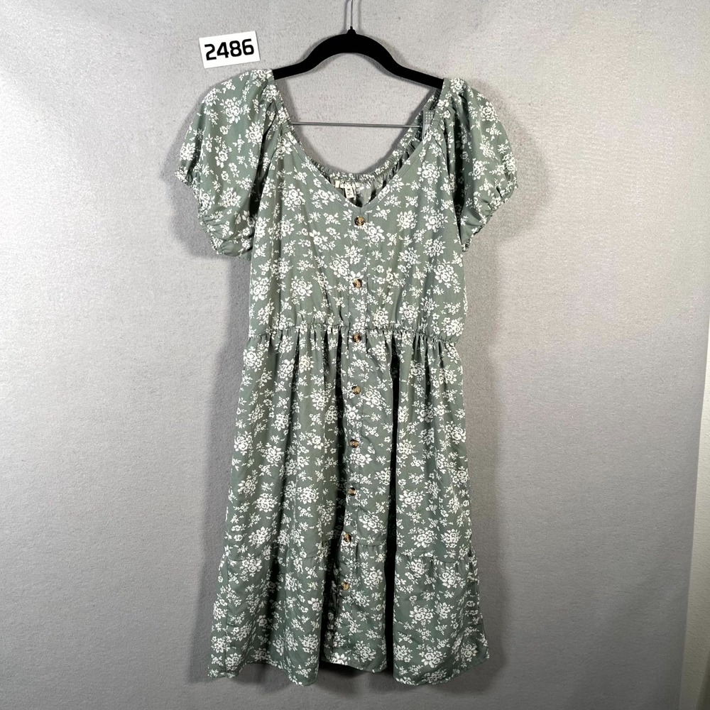 Speed Limit Midi Dress Womens Medium Green White Floral Puff Sleeve Button Front